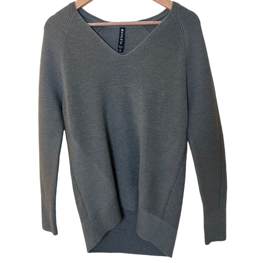 Athleta Hanover V-neck Sweater Merino Extra Fine Wool Blend Oversized XS Green
